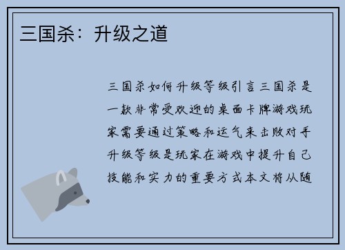 三国杀：升级之道